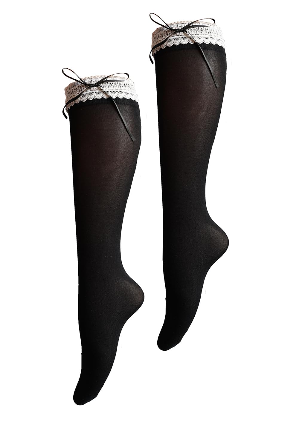 CAT KO Women Lace Ruffle Knee High Socks Cute Bow Calf Socks Girls White Black Socks for Lolita