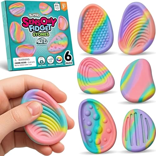 BUNMO Fidget Toys - Fidget Stones Sensory Toys 6pk Pastel | Silicone Worry Stones for Kids Ages 3+ | Portable Textured Quiet Sensory Stones for Hands-On Play