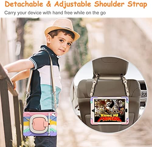 KENOBEE Case for iPad 9.7 6th/5th 2018/2017 / Air 2 / Pro 9.7, 360° Rotating Multi-Functional Handle-Kickstand Shockproof Cover Built-in Screen Protector & Shoulder Strap & Pencil Holder, Rainbow Pink