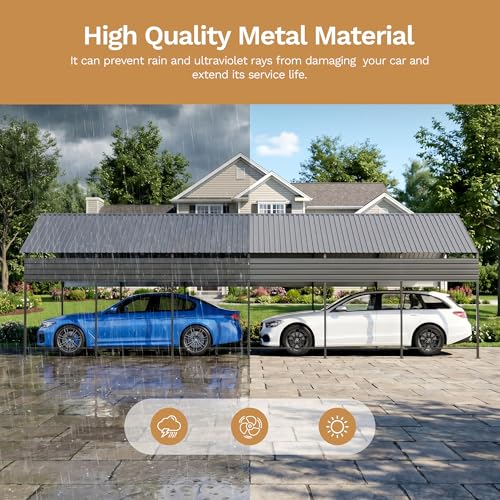 Image of Greesum 20x30FT Heavy Duty Metal Carport with Side Support Rods, Car Port with Vertical Steel Roof for All-Weather Use, Canopy Shelter for Car, Pickup Trucks, Party, Boats, Black
