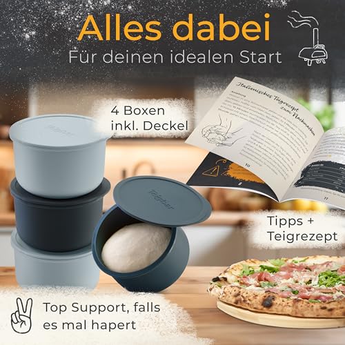 Teigbar« Pizzaballenbox mit Deckel, 4er Set - platzsparende Teigbox aus löse-leichtem Silikon - bis zu 350g Pizzateig Box mit Deckel, Pizza Box - Schwarz/Grau - Ø13cm