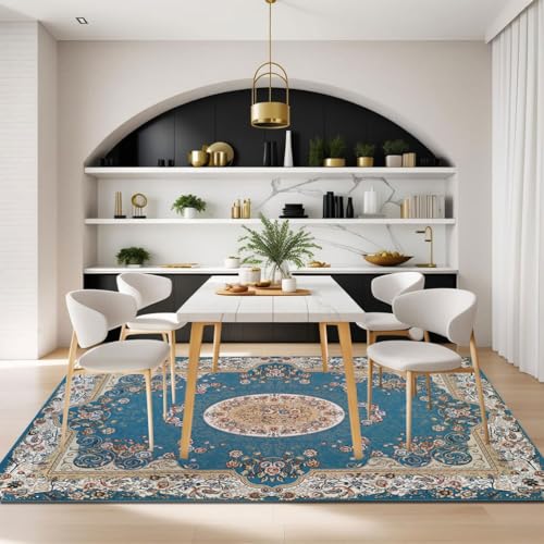 Tapis antidérapant bleu lavable pour sécuriser et décorer le salon - 3