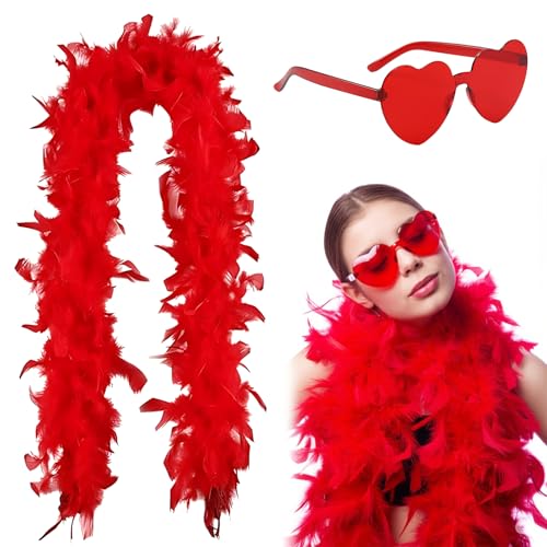 PonFxp Red Feather Boa Party Accessories for Adults Includes Glasses Perfect for Various Celebrations and Holidays Soft and Vibrant Feather Boa for Costumes and Events