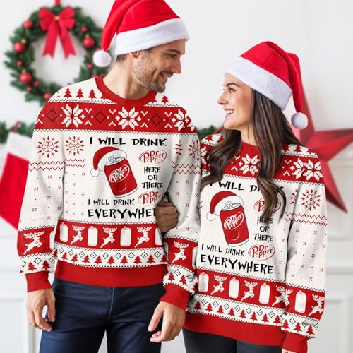 Image of 99TIMORO Pepper Drinking Ugly Christmas Sweater for Men and Women, Holiday Pullover Novelty Crewneck Sweatshirt, Festive Outfit Gift