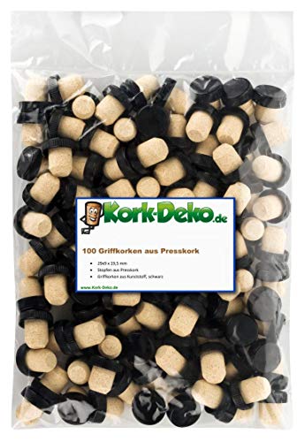 100 Griffkorken mit Kunststoffgriff 19,5 mm | Kunststoffgriffkorken | Presskork | Agglomeriert | Für Gin, Spirituosen, Öle und Saft | Kork aus Portugal | Griffgröße 29 x 9,5 mm