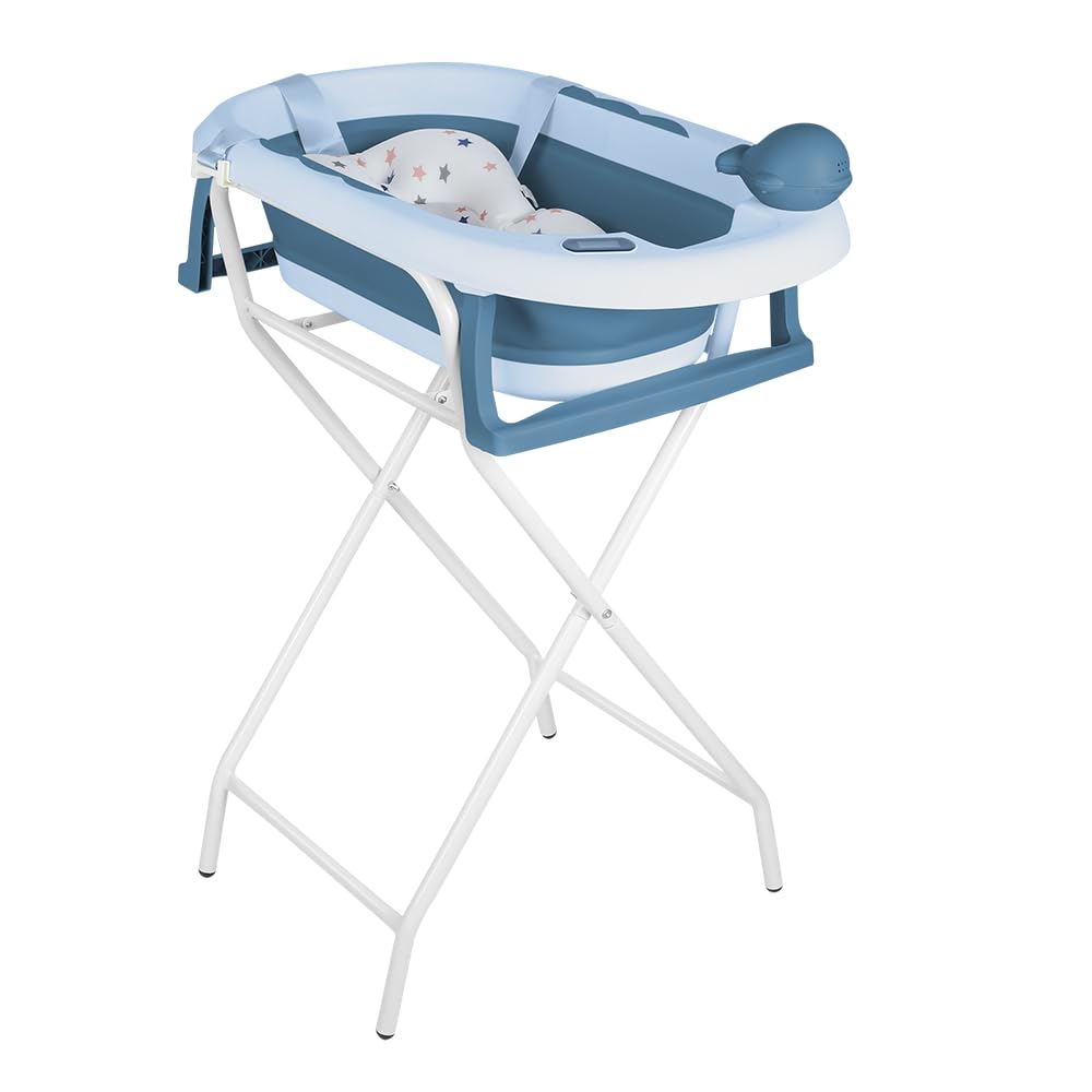 Bañera para bebés con soporte, ergonómica para bebés, con soporte, cierre compacto, organizador para padres, hasta 10 kg, Style 5, 81,5 x 48 x 21 cm, azul