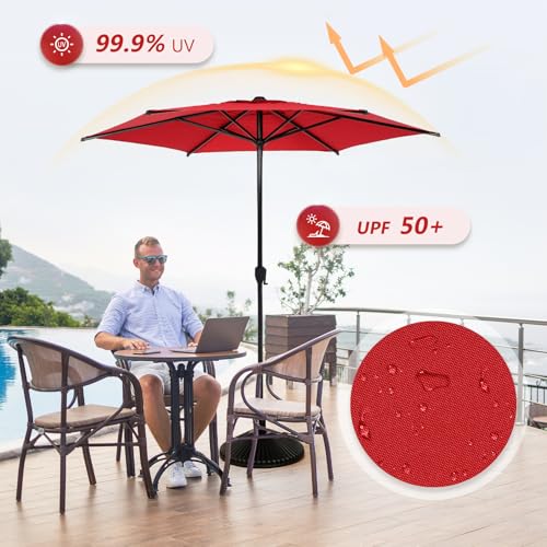 Image of Abba Patio 9FT Lyon Outdoor Patio Umbrella Outdoor Table Umbrella with Push Button Tilt and Crank Market Umbrella 6 Sturdy Ribs UV Protection Waterproof for Garden Deck Backyard Pool, Red
