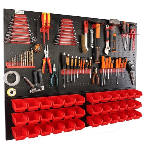 botle® Werkzeugwand Lochwand aus Metall, Stapelboxen + Wandregal + Werkzeughalter 63-tlg Set, Kleinteilelager, Wandwerkstatt mit 36 stapelbaren Rot Behältern, Hängeregal Sortierregal