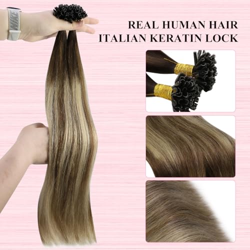 Image of YoungSee U Tip Hair Extensions Human Hair Ombre Dark Brown to Brown with Blonde K Tip Human Hair Extensions Balayage Keratin Hair Extension Real Human Hair Blonde Hair Extensions Utip 24In 1G /S 50G