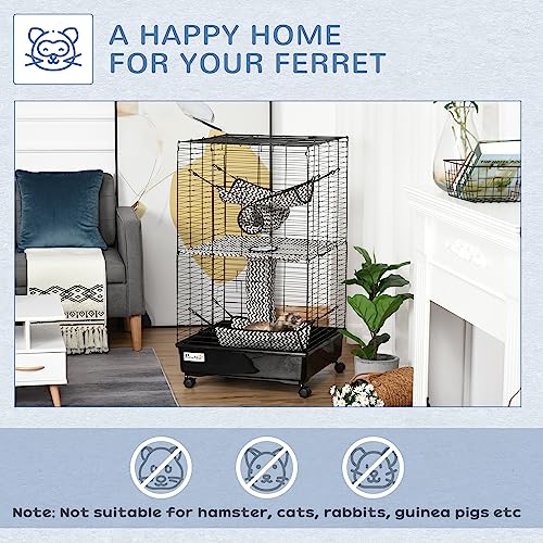 PawHut 42" Ferret Cage, Small Animal Habitat Metal Pet Cage with Wheels Brakes, Hammocks, Hanging Tunnels, and 3 Doors, Black - Image 3