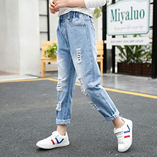 Evelin LEE Kids Girls Elastic Waist Ripped Holes Denim Pants Casual Distressed Jeans with Pockets4
