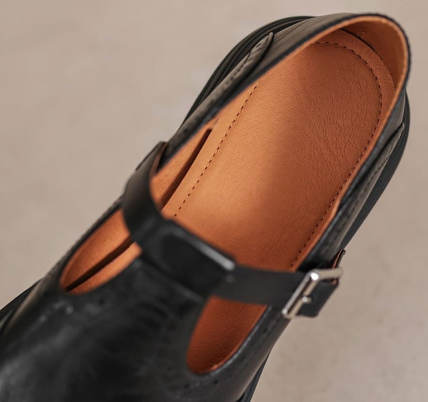 U-lite Mary Jane Oxfords for Women,Wingtip Brogue,T-Strap Soft Leather Retro Loafer Shoes, Low Heels Round Toe Dressy Business Office Shoes with Buckle - Image 7