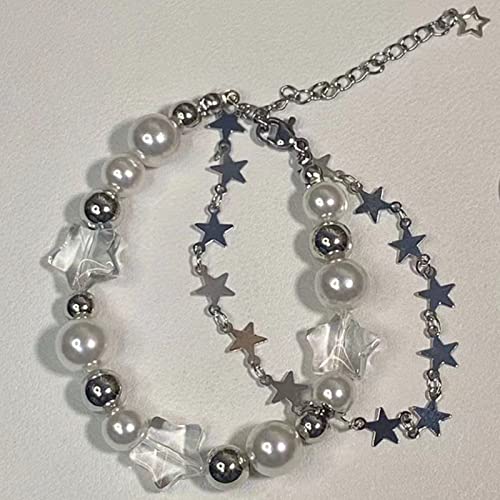 Vintage Punk Y2k Star Pearl Double Layer Beaded Chain Lightweight Bracelet Aesthetic Accessories Grunge Cool Couple Friendship Jewelry for Women2