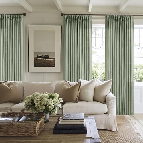 Image of 120 Inch Curtains High Ceiling Tall Curtains 2 Panels Set for Living Room Pinch Pleated with Hooks Rings Back Tab Bohemian Semi Sheer Drapes Cottage Long Large Window Drapes 120 Length Sage Green