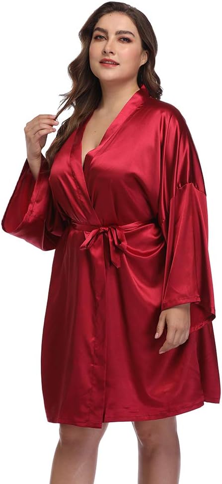 Women's Plus Size Short Satin Kimono Robes Sleepwear Bathrobes Silky Dressing Gown - Image 4