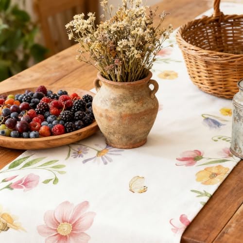 Tischläufer Frühling Blumen 33x183cm, Tischläufer Modern Bunt mit Schmetterling, Leinenoptik Wiesenblumen Deko für Ostern & Küche, Waschbarer Tischläufer Grün für Esszimmer