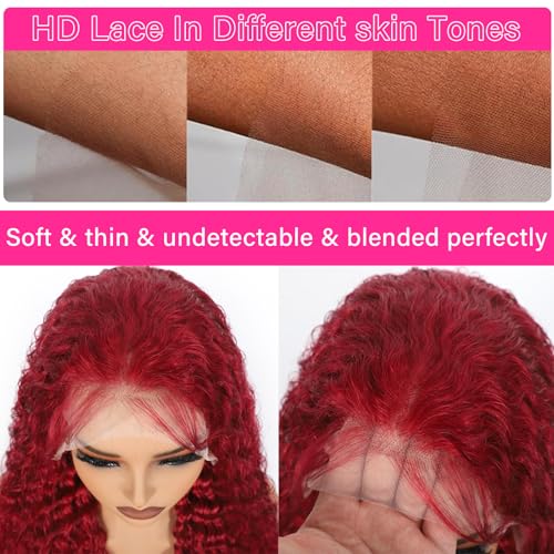 Image of 26 Inch 99j Burgundy Lace Front Wigs Human Hair 13x4 Deep Wave Lace Front Wigs Human Hair Pre Plucked 180% Density Water Wave Human Hair Wig Wine Red Wet Wavy Curly Glueless Colored Wig for Women