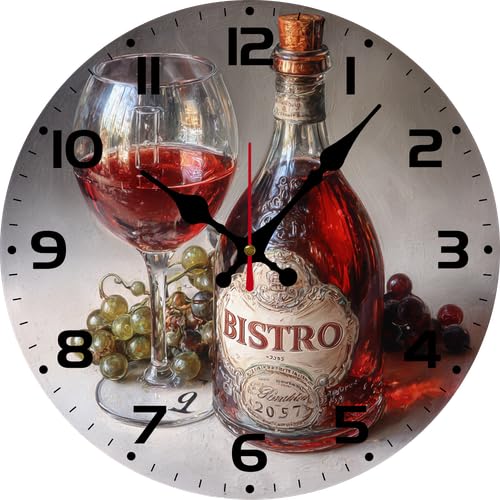 Horienteeon Wanduhr aus Holz, leise, nicht tickend, batteriebetrieben, Vintage-Stil, französisches Bistro, Wein und Trauben, dekorative Wanduhr für Küche, Esszimmer, Bauernhaus-Dekoration, 4 Sets