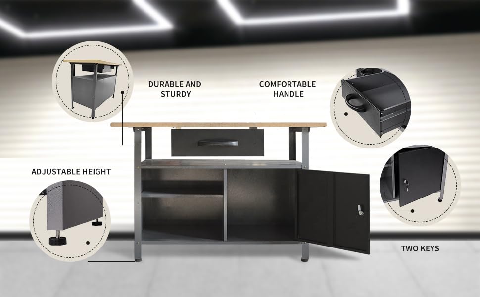 Image of Metal Heavy Duty Cabinet Workbench Set System, Included Pegboard Wall Cabinets Wood Table Top, for Garage Auto Repair Shops, Utility Room