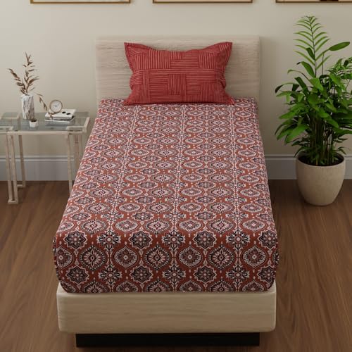 Image of Huesland by Ahmedabad Cotton 144 TC Cotton Elastic Fitted Bedsheet for Single Bed with 1 Pillow Cover | 36 x 78 inches