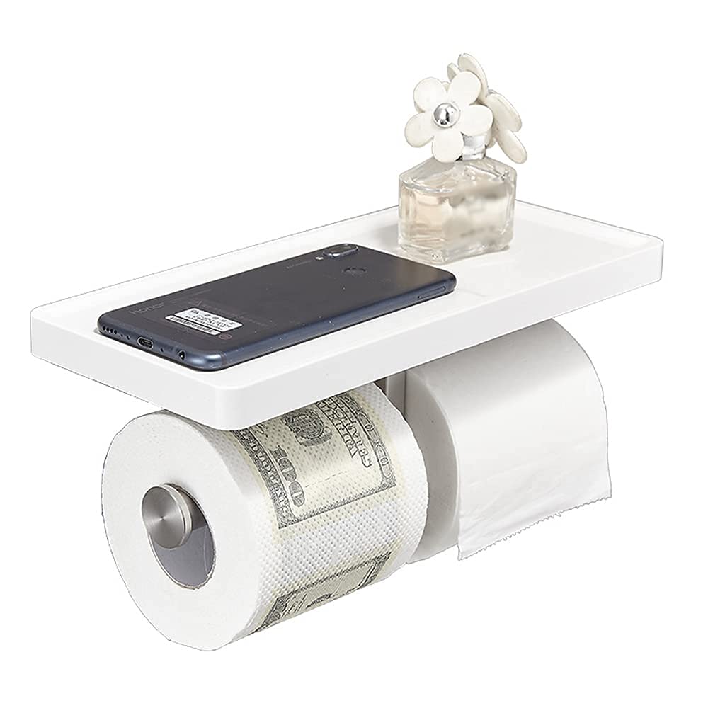 White Double Toilet Paper Holder with Spacious Shelf,Wall Mounted Toilet Roll Holder, Tissue Holder,Used for Kitchen or Bathroom, ABS+Stainless steel