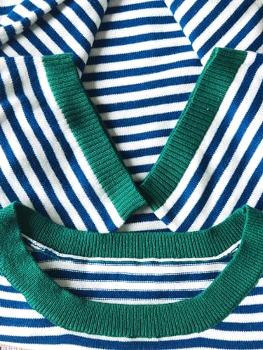 Image of Womens Sweaters Casual Crewneck Short Sleeve Striped Color Block Knitted Cotton Trendy Pullover Sweater Tops