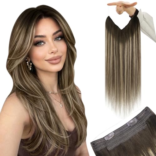 Image of YoungSee 125G Wire Hair Extensions Balayage Brown Fish Line Hair Extensions Real Human Hair Ombre Dark Brown with Ash Blonde Hair Extensions Wire for Women 16Inch