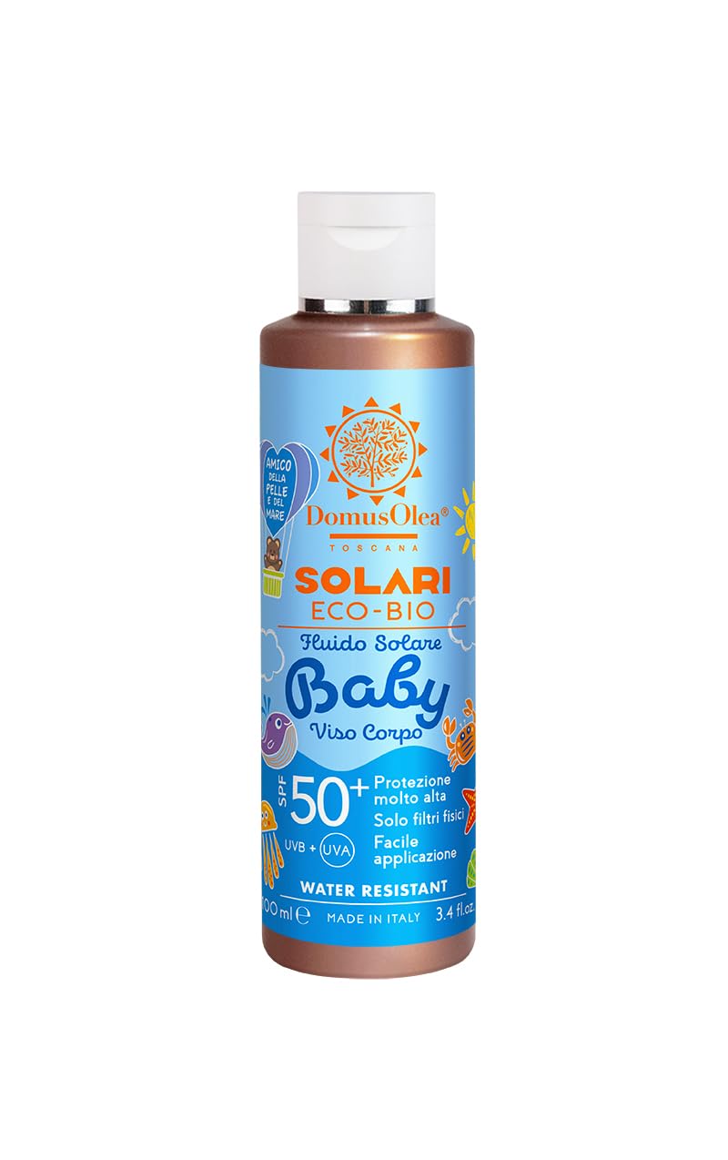 DOMUS OLEA TOSCANA - Líquido solar para cara y cuerpo para bebé, SPF 50+, 100 ml, solo filtros físicos, resistente al agua, dermatológicamente probado, ideal para bebés y niños