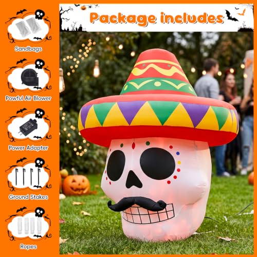 4.5FT Halloween Inflatable Day of the Dead Sugar Skull Sombrero with LEDS - image 4