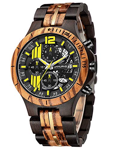 XIRUVE Holz Quarz Armbanduhr für Herren Datum Chronograph mit Geschenkbox Naturholz (Golden) Cover