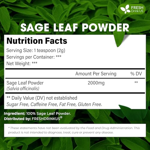Image of FreshDrinkUS, Sage Leaf Powder 4oz - Premium Culinary Herb, Pure Ground Sage Leaves for Cooking, Baking & Herbal Infusions - Resealable Pouch
