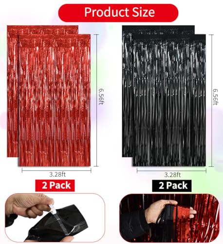 Image of BEISHIDA 4 Pcs Red and Black Door Streamers Foil Curtain Red and Black Party Decoration Backdrop for Casino Theme Scream Halloween Supplies Graduation Birthday Party Decorations (3.28 ft x 6.56 ft)