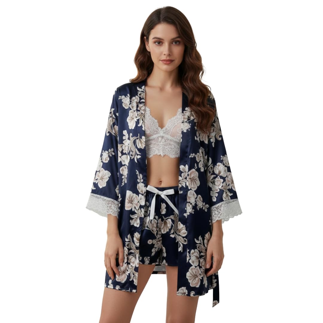 pleasing strings Blue Floral Printed Robe with White Lacy Bra & Ruffle Shorts Set for Women-picture-1