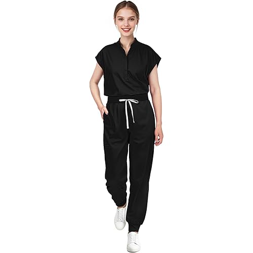 Scrubs for Women Set - with Sleeveless Stand-Up Collar Scrub Top & Jogger Scrub Pants, 8-Pocket Design