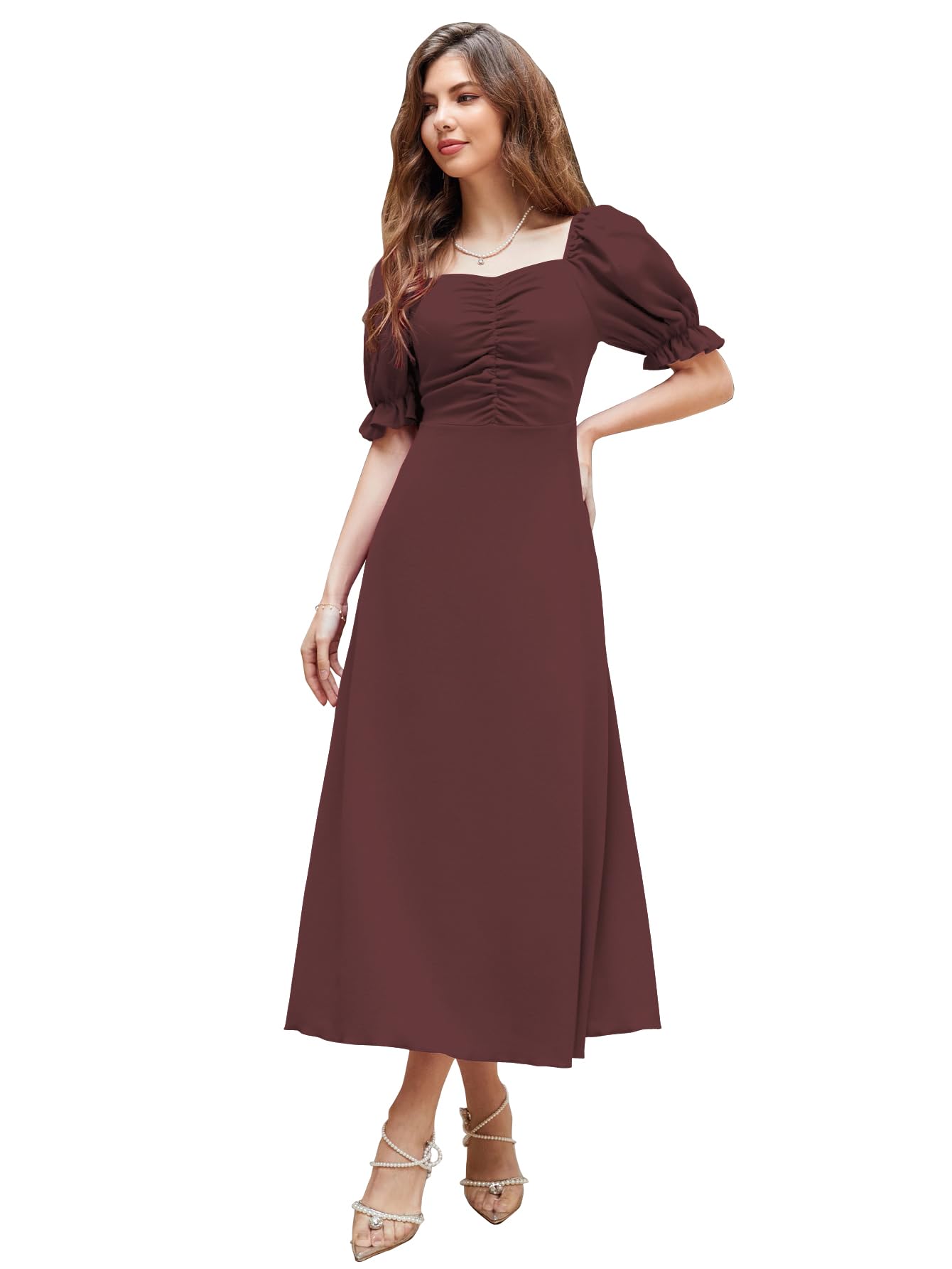 Shasmi Girl's & Women's Solid Brown A-Line Ruched Puff Sleeve Maxi Long Evening One Piece Long Dress For Women Stylish (Dress 131 Brown-S)
