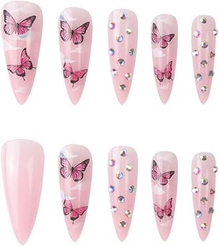 JUSTOTRY 24 Pcs Stiletto Butterfly Fake Nails Long,Pink French Press on Nails Patterns, Beautiful Cloud Almond Stick on Nail for Women, Acrylic Extra Long False Nail for Nail Art