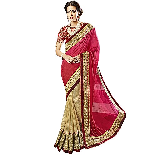 Shree Designer Sarees Women's Beige and Hot Pink Patch Border Work Designer Saree