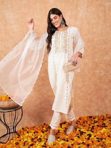 Image of INDO ERA Women's Embroidered Straight Kurta & Pant with Dupatta Set