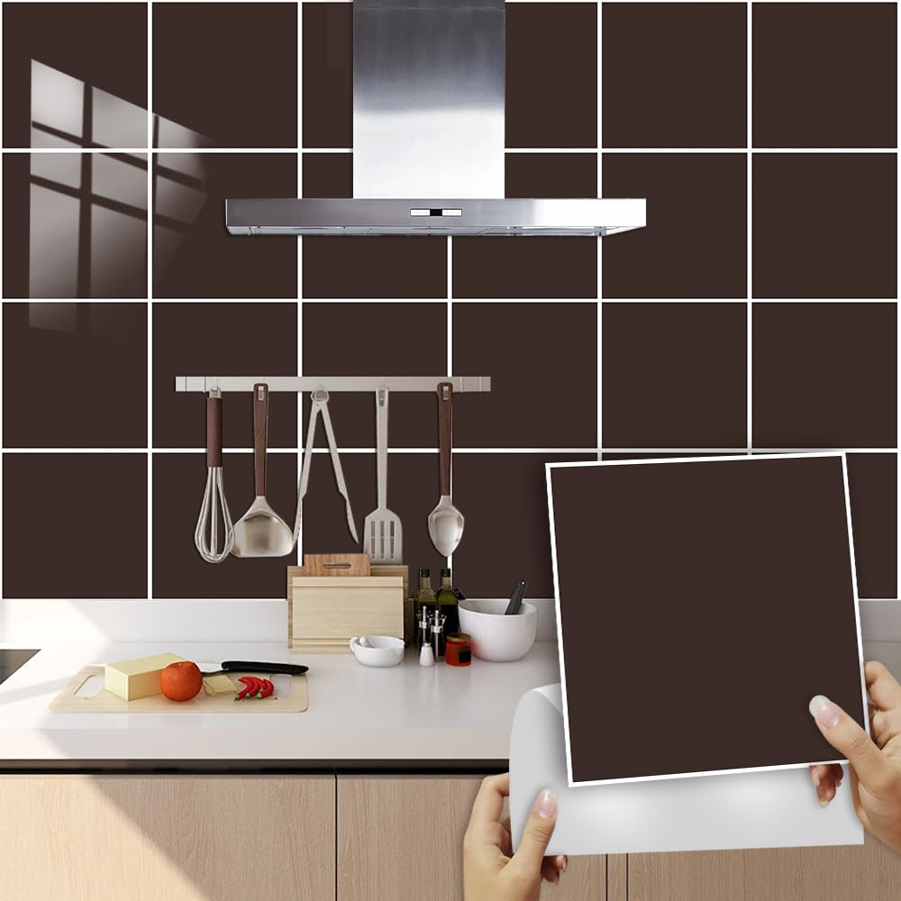 Kinde Tile Stickers Chocolate Brown Peel and Stick Floor Tiles PVC Stick on Bathroom Tiles Waterproof Wall Tile Stickers Kitchen Stick on Tiles Oilproof Stick-on Tiles Self Adhesive 15x15cm/10 Pcs