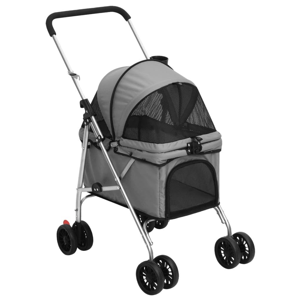 vidaXL Folding Dog Stroller Portable Puppy Pushchair Wheeled Dog Carriage Pet Puppy Pram with Cup Holder Grey 76x50x100 cm Oxford Fabric