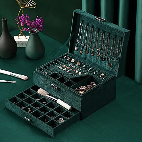 Image of Velvet Three Layer New Vintage Flannel Jewelry Box Earrings Earrings Rings Necklace Bracelets Jewelry Organiser Storage Case With Drawer For Girls Women Dark Green (Multicolour)