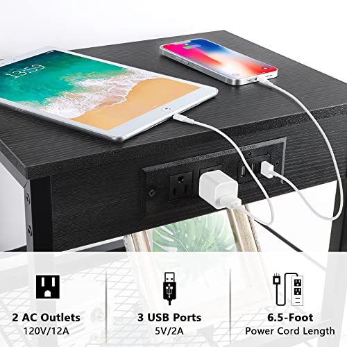 Black Nightstand With Charging Station And Usb Ports Industrial End Table With Metal Storage Shelf 3 Tier Bedside Table For Small Spaces, Dorm, Living Room, Bedroom #TOP3