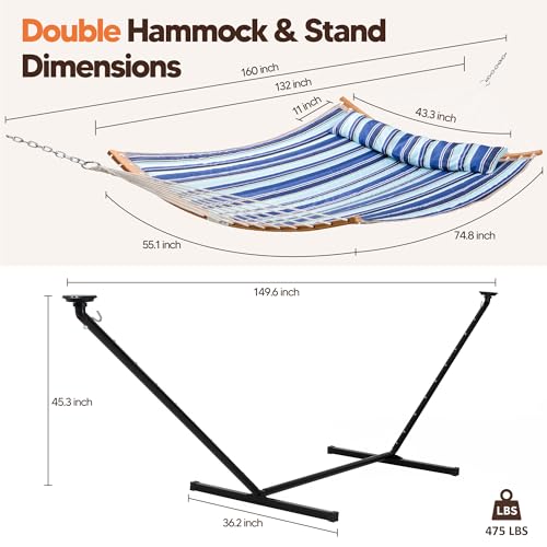 Image of SUNCREAT Double Hammock with 12 ft Stand, Solar Powered Lights, Blue White