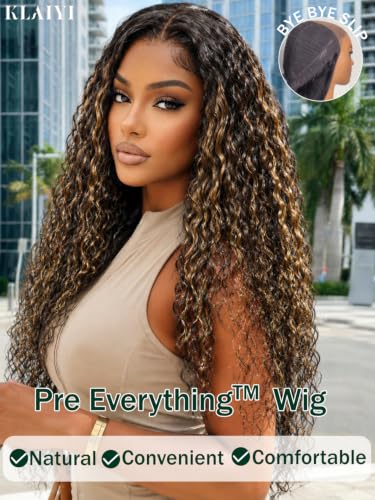 Image of KLAIYI Bye Bye Slip Golden Blonde Balayage Highlights Water Wave Glueless Precut 7x5 Lace Front Wigs Human Hair Drawstring Ombre Brown Curly Pre Plucked Bleached Knots Ready to Wear and Go Wig 20Inch