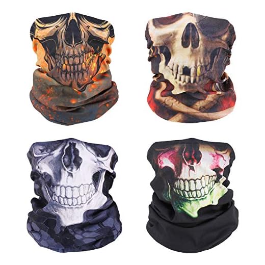 MoKo Ansikte Bandana [4-pack], UV solskydd halsdamask ansiktsmask halsduk sömlös bandana balaclava pannband, vindtät skelett bandana för män kvinnor för motorcykel cykling skidåkning fest - färgglad