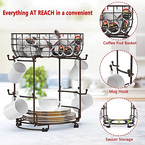 Mug Tree Cup Holder with Storage Basket Coffee Mug Holder 12 Hooks Multifunctional Kitchen Storage Display Stand Space Saving for Counter (Bronze) - Image 4