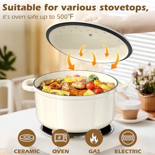 Image of Enameled Cast Iron Dutch Oven - Umite Chef 5QT Pot with Lid Cookbook & Cotton Potholders - Heavy-Duty Cookware for Braising, Stews, Roasting, Bread Baking Cream White (CREAM WHITE)
