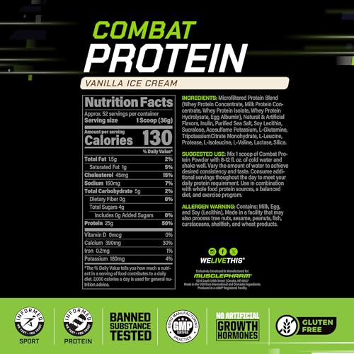 Image of MusclePharm Combat Protein Powder, Vanilla Flavor, Fuels Muscles for Productive Workouts, 5 Protein Sources including Whey Protein Isolate & Egg Albumin, Gluten Free, 4 lb, 52 Servings