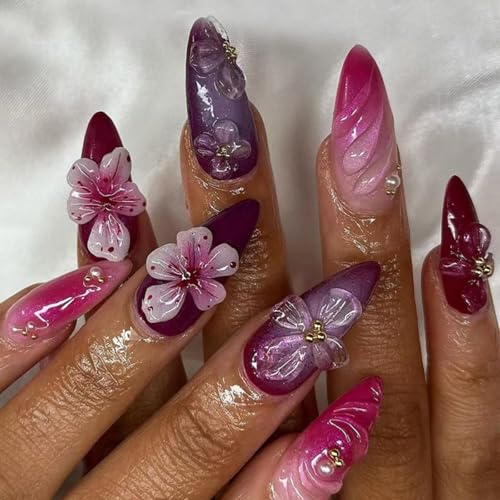Image of Flower Press on Nails Short Almond Fake Nails Purple Pink Ombre False Nail with Embossment Design Pearl Glue on Nails Artificial Acrylic Nail Full Cover Stick on Nail for Women Manicure 24Pcs