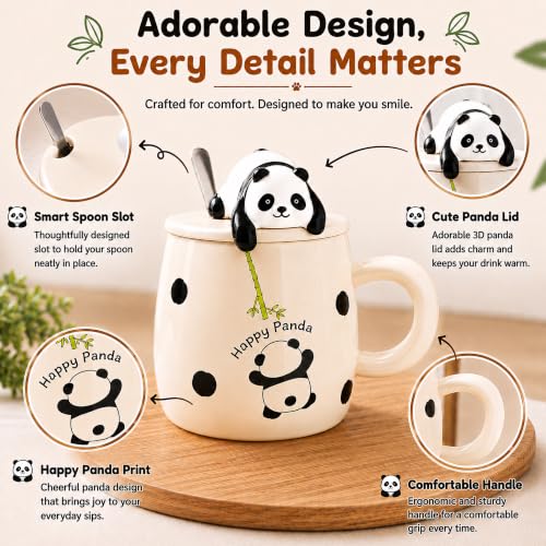 Image of BonZeal Panda Mug 450 ML Ceramic Coffee Mug with Lid & Spoon Gift for Kids